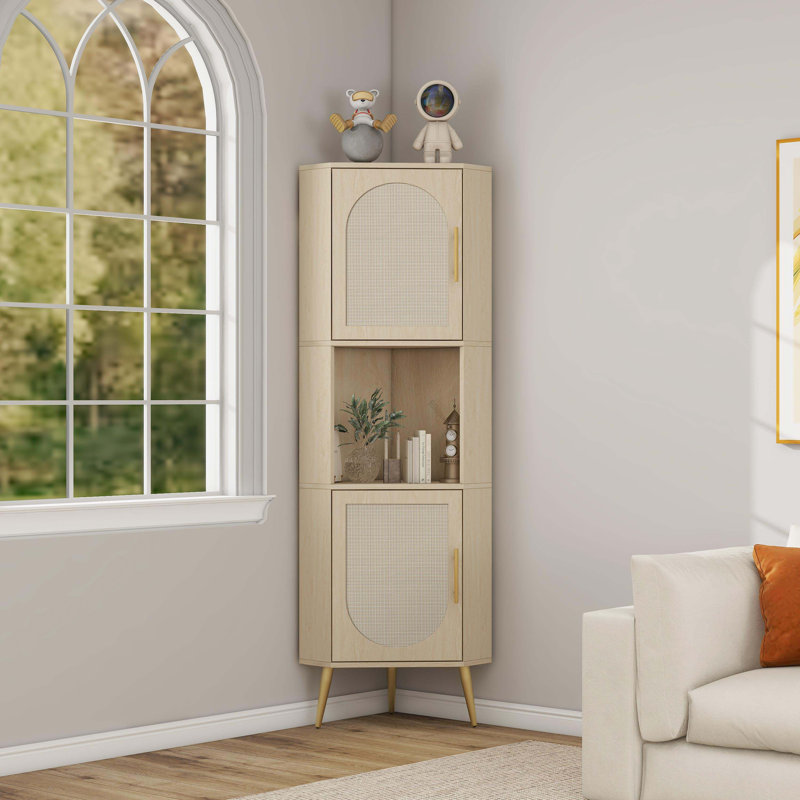 Corner cabinet Rattan door Freestanding Corner Tables For Small Spaces Corner Shelf Stand